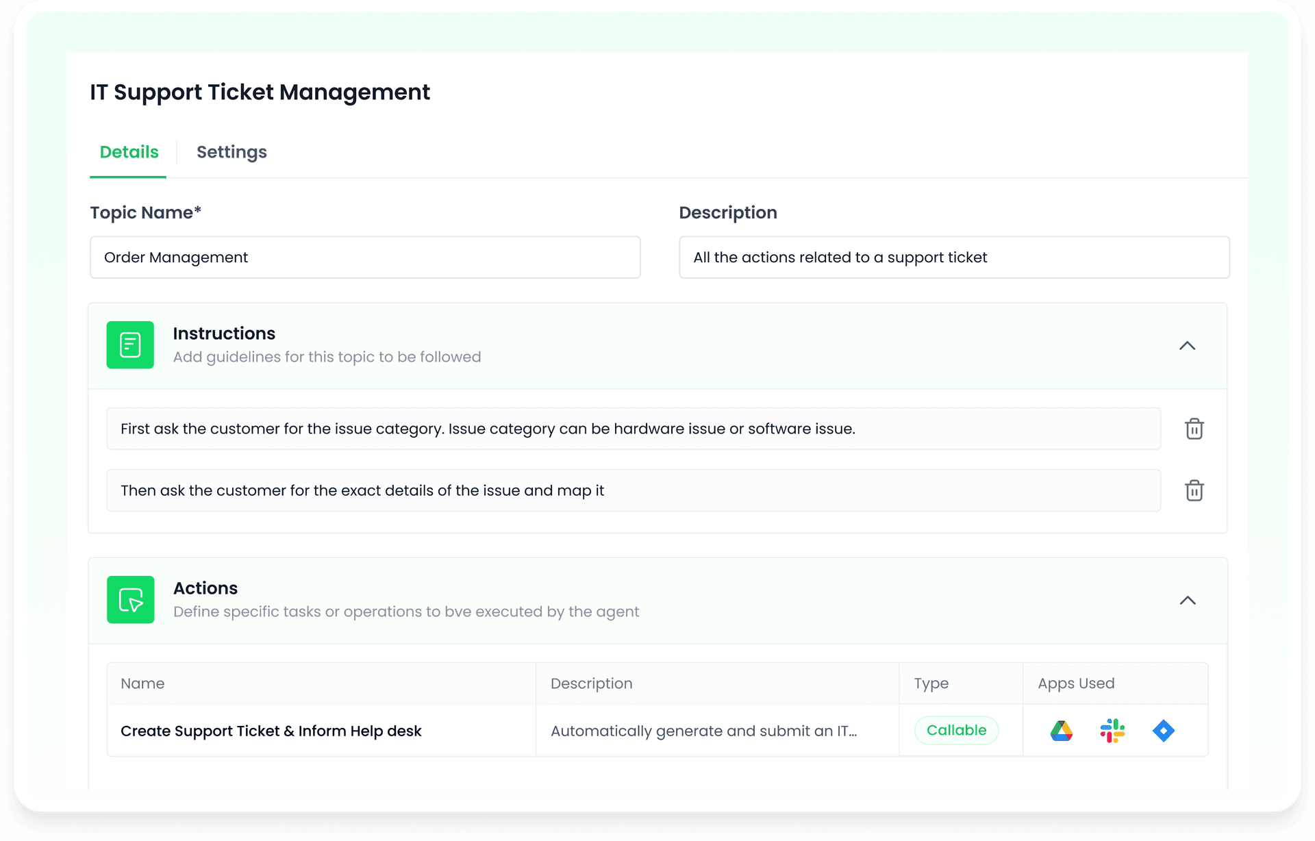 Create topics to define instructions and actions